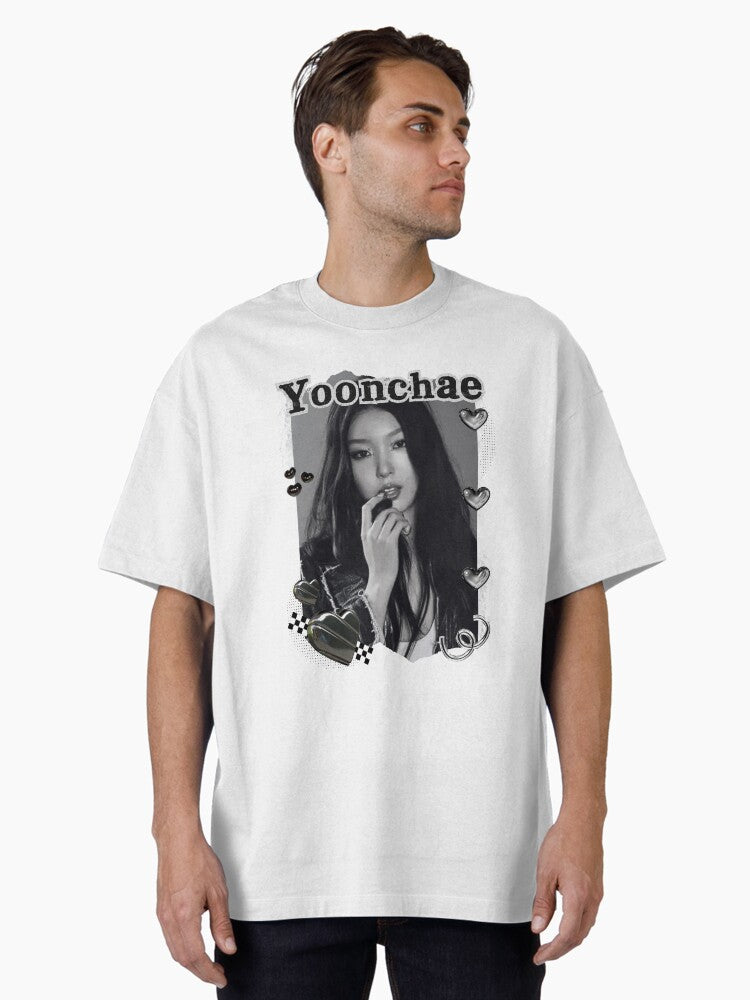 KATEYE Yoonchae Kpop Y2K Group Black and White Collage Digital Art Portrait Oversized T-Shirt
