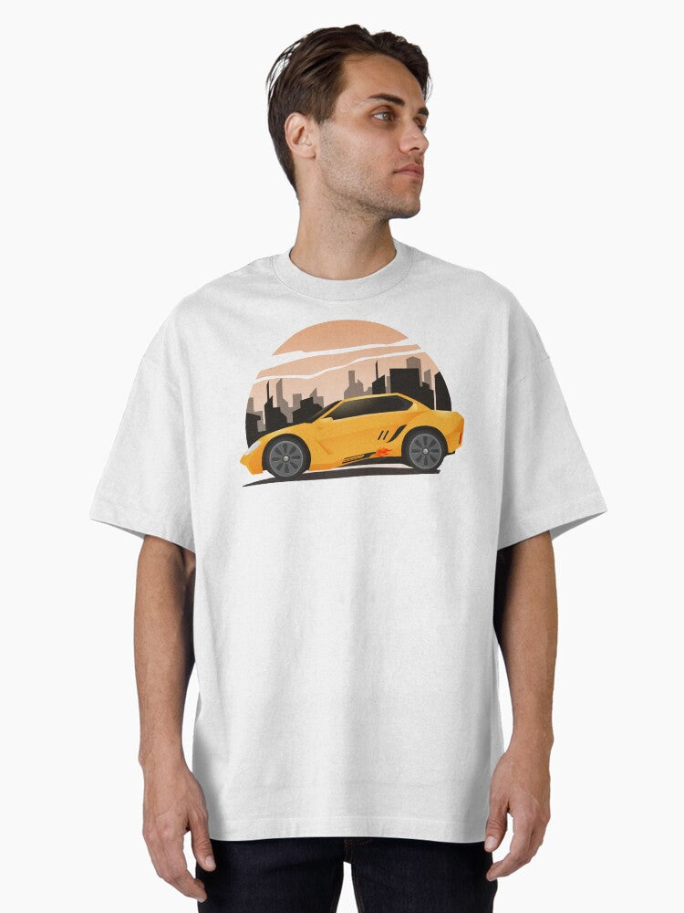 Fast Yellow Sports Car and City Skyline Sunset Oversized T Shirt T Shirt Trending US Hot Right Now