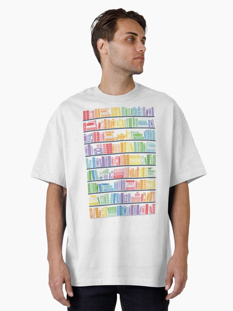 Rainbow Books Shelf Pattern Oversized T Shirt T Shirt Viral US Style Streetwear Essential