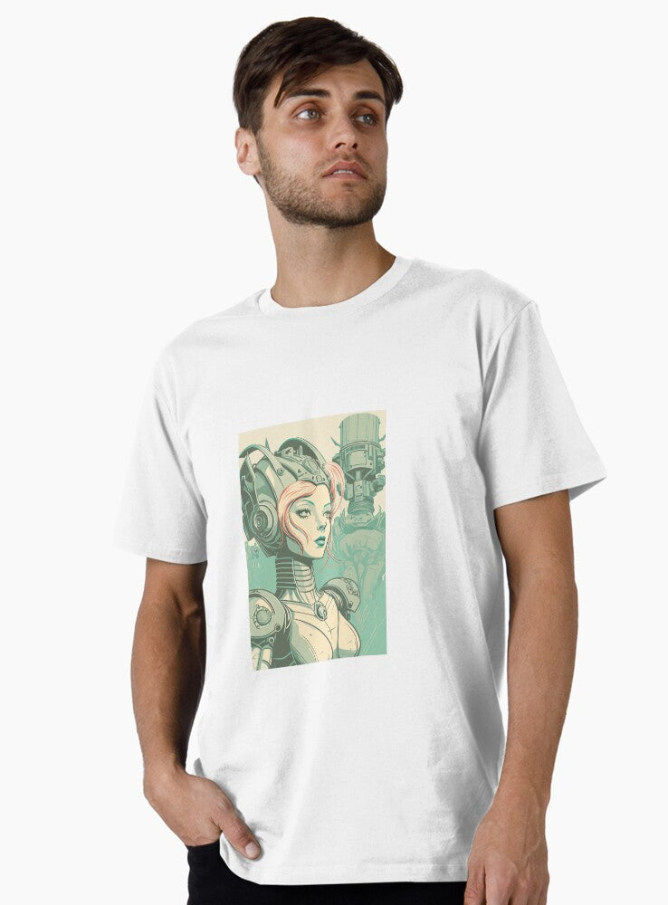 Retro futuristic illustration with cyborg woman in robot sotume Premium T-Shirt | Premium Unisex T-Shirt, Trending Graphic Tee