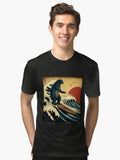 Godzilla Surfing The Great Wave by Hokusai Funny Parody Tri blend T Shirt T Shirt Viral TikTok Best Seller Look