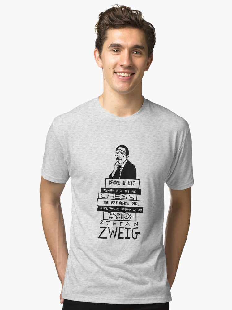 Stefan Zweig Portrait with Book Stack Linocut Tri blend T Shirt T Shirt Viral TikTok Daily Wear