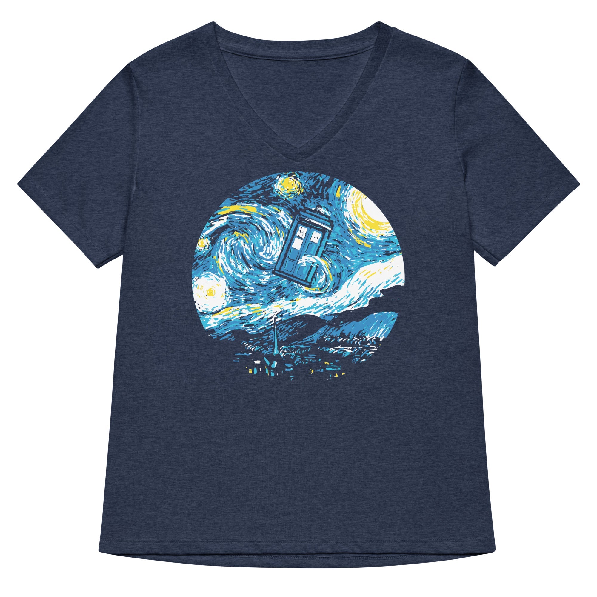Starry Night Police Box Women S V Neck Tee V Neck T Shirt Everyday Wear
