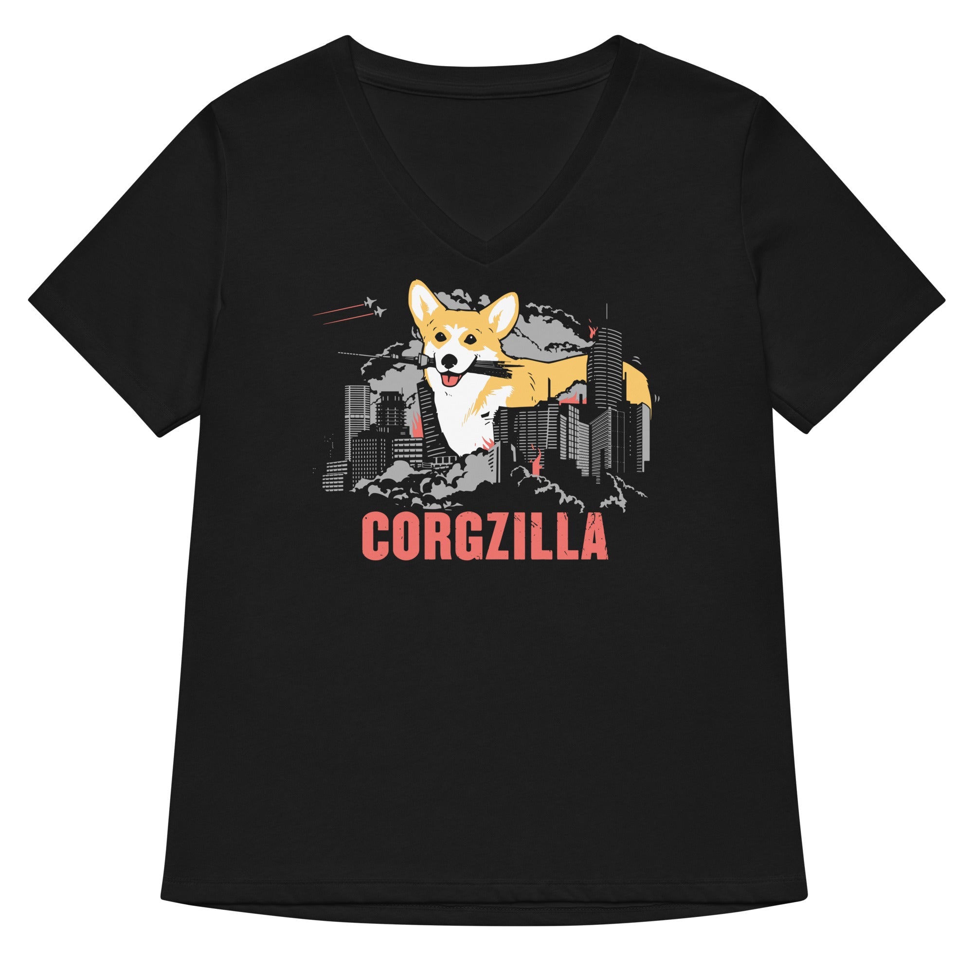 Corgzilla Women S V Neck Tee V Neck T Shirt Premium Print