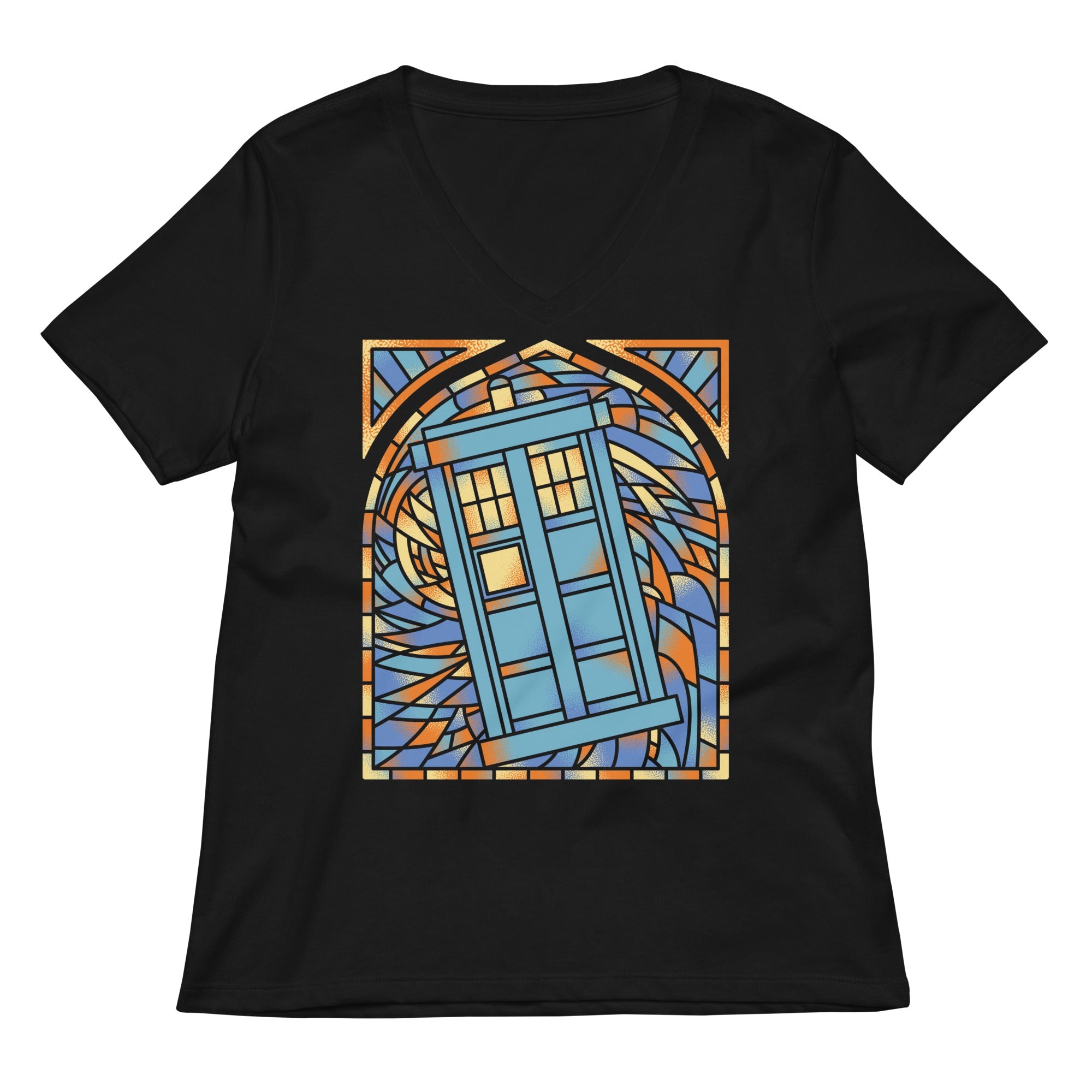 Stained Glass Police Box Women S V Neck Tee V Neck T Shirt Everyday Wear